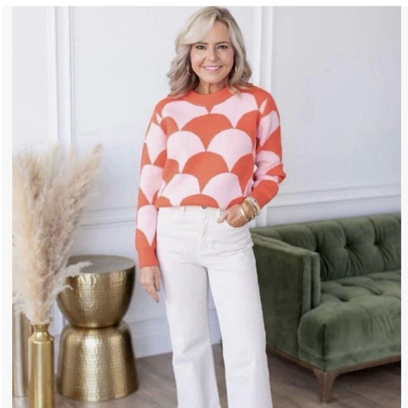 MERCI Women’s Size L Scallop Pattern Crewneck Printed Sweater Orange & Pink EUC - Picture 3 of 6